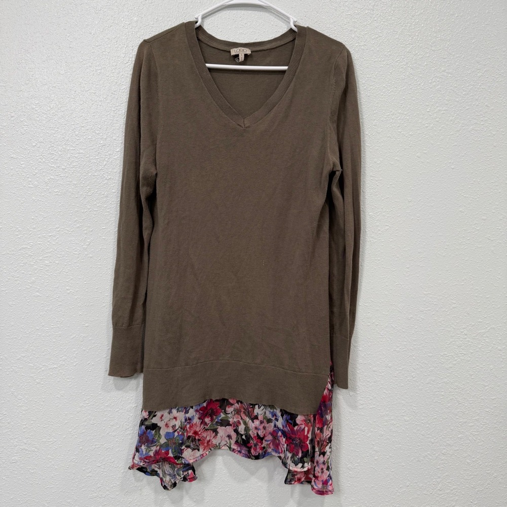 LOGO Lori Goldstein Cotton Cashmere V-Neck‎ Sweater Floral Layered Olive Brown